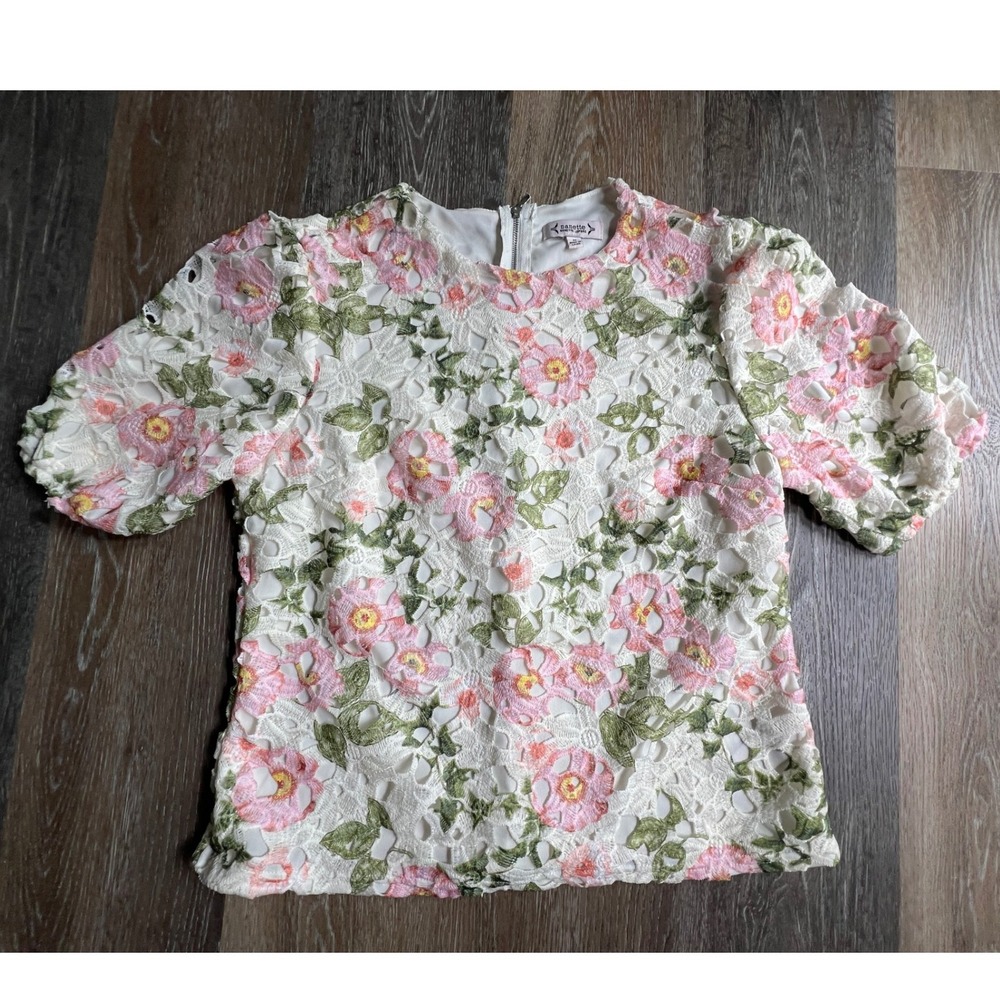 Nanette Lepore Floral Lace Top Womens Medium Pink Green Embroidered Puff Sleeve